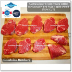 Beef Eye Fillet Mignon Has Dalam TENDERLOIN Australia STEER (young cattle) HARVEY aged whole cut CHILLED +/- 2.3kg length 17-19" (price/kg) PREORDER 2-3 days notice